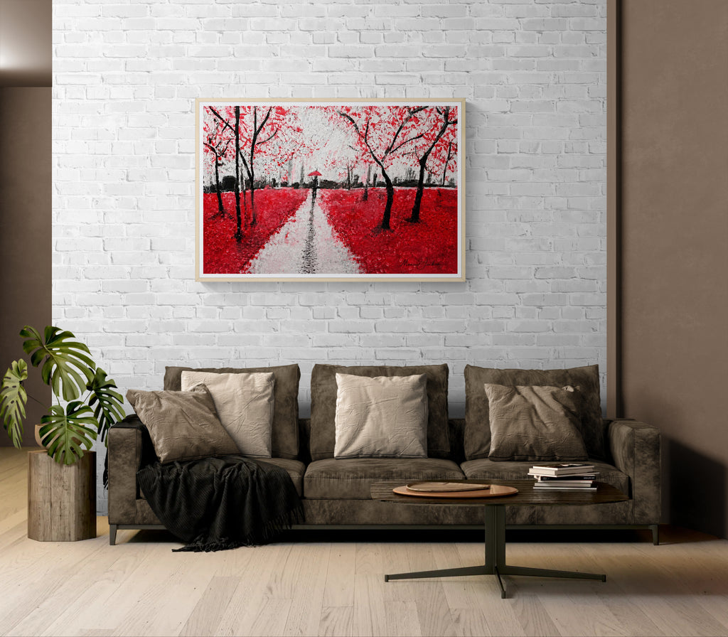 Burnt Forest – Red & Black Abstract Landscape Art - Contemporary Woodland Artwork by Maxine Jackson