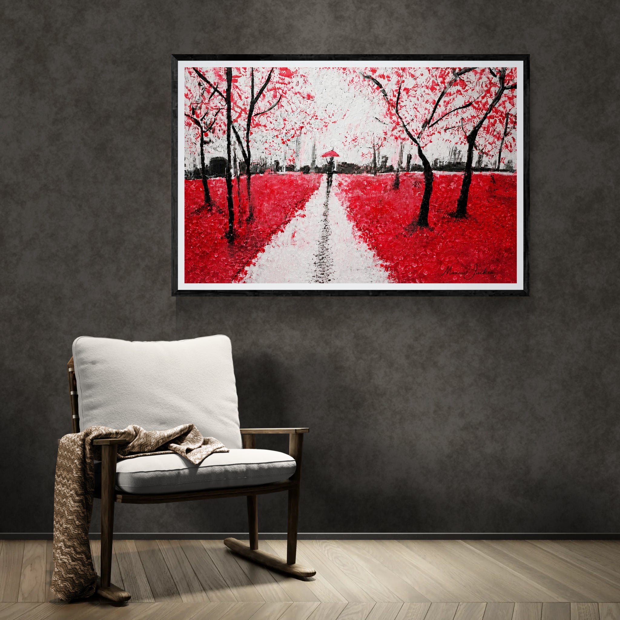 Burnt Forest – Red & Black Abstract Landscape Art - Contemporary Woodland Artwork by Maxine Jackson