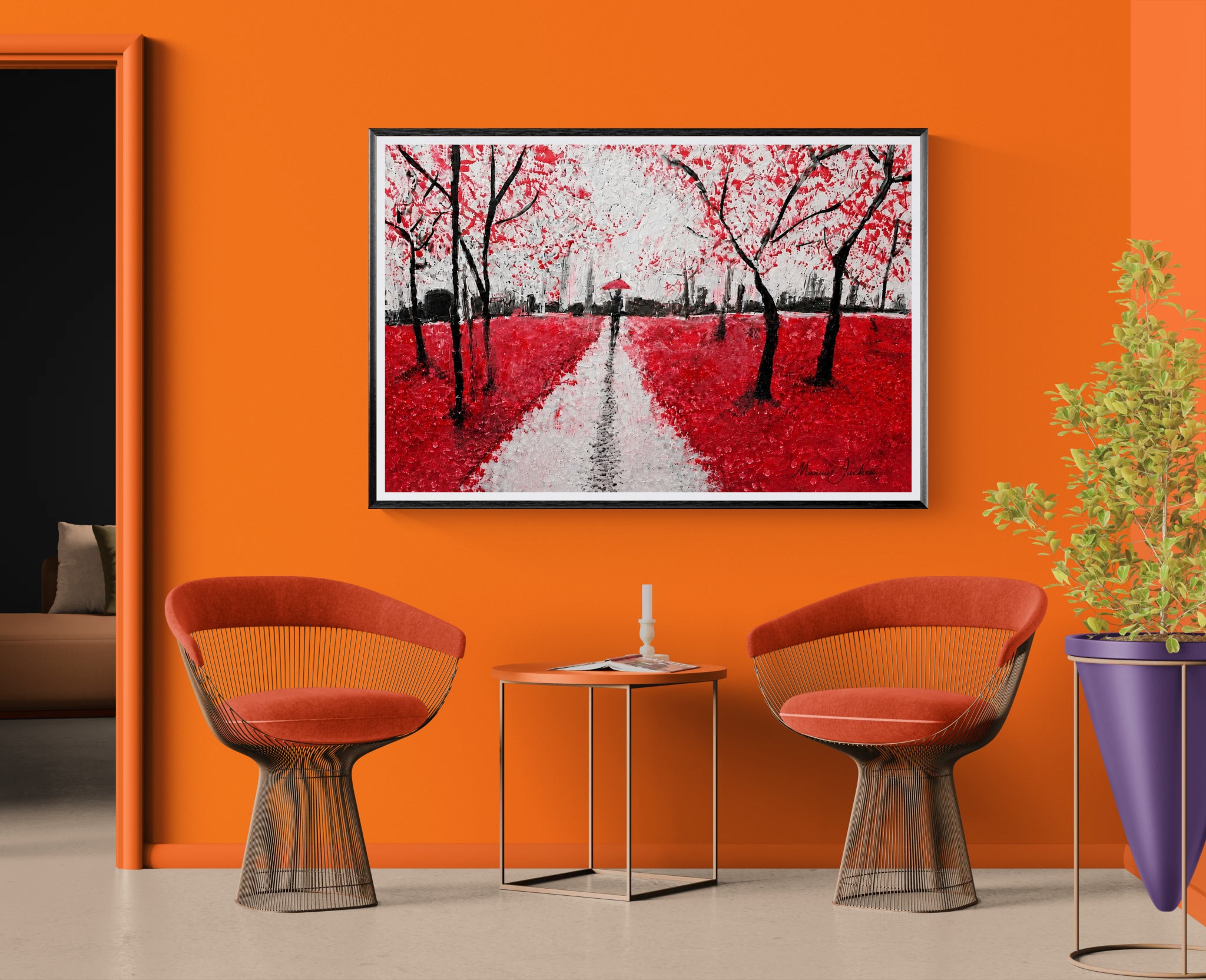 Burnt Forest – Red & Black Abstract Landscape Art - Contemporary Woodland Artwork by Maxine Jackson