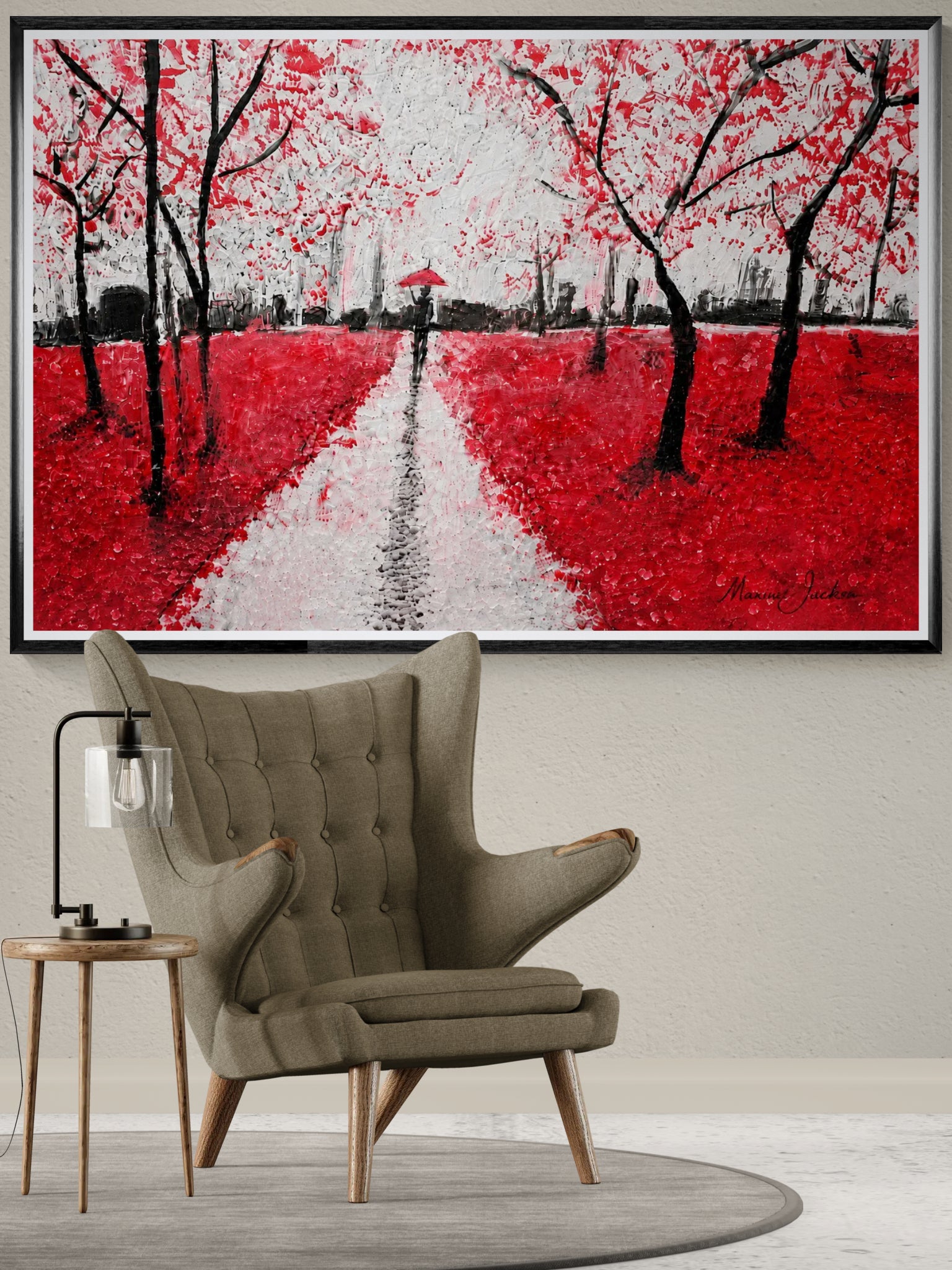 Burnt Forest – Red & Black Abstract Landscape Art - Contemporary Woodland Artwork by Maxine Jackson