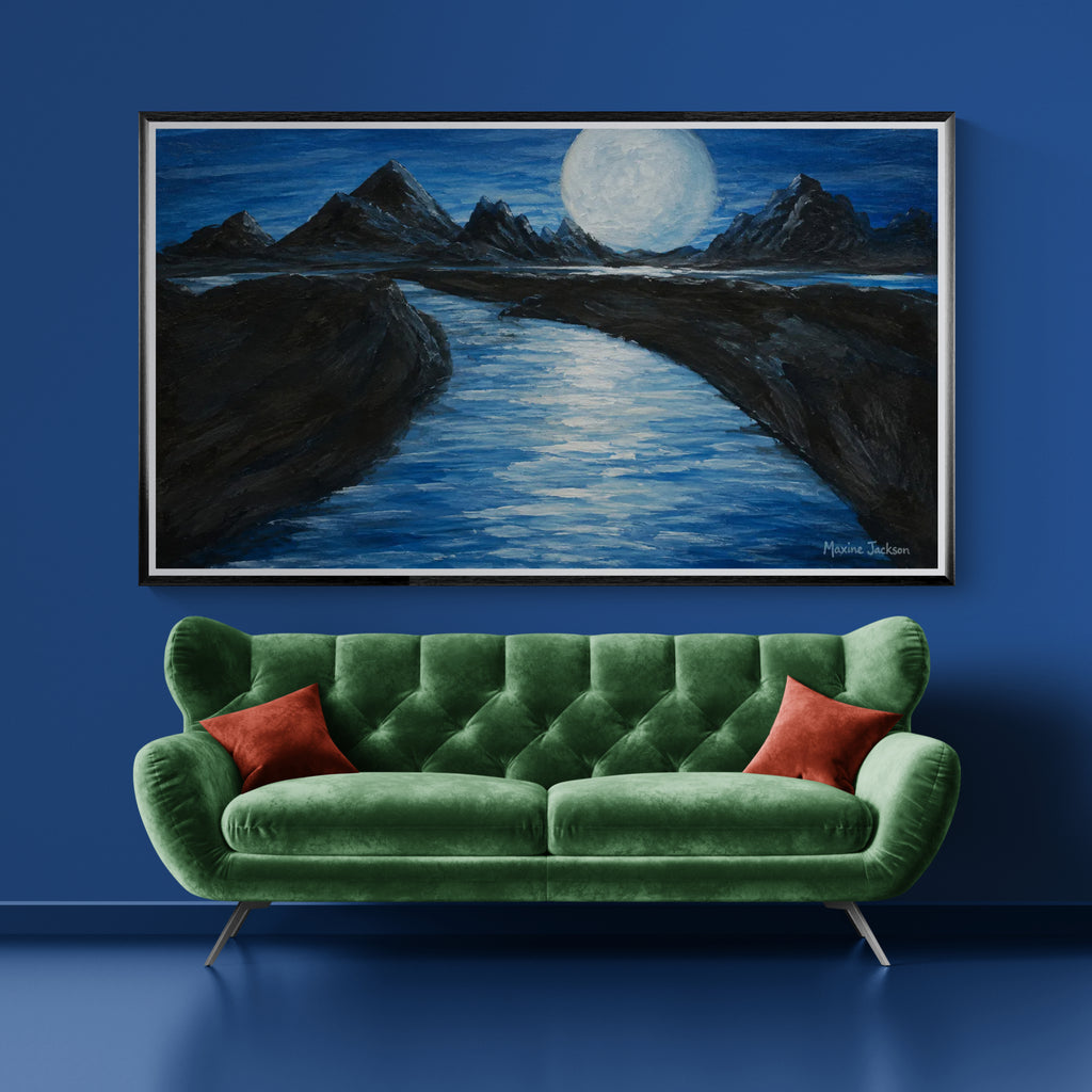 Moonlit Passage – Original Acrylic Moonlit Mountain Landscape - Printable Wall Art