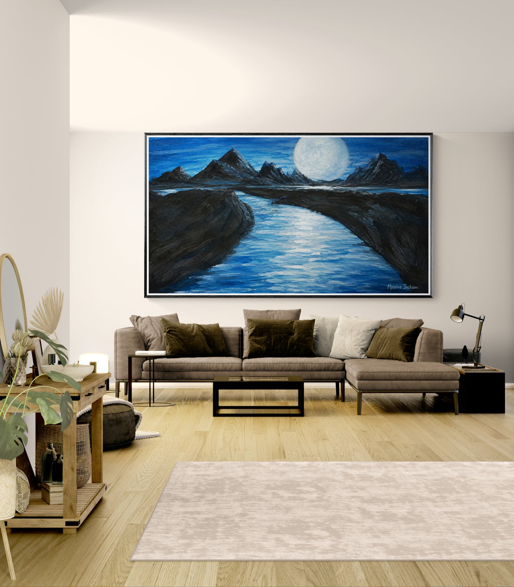 Moonlit Passage – Original Acrylic Moonlit Mountain Landscape - Printable Wall Art