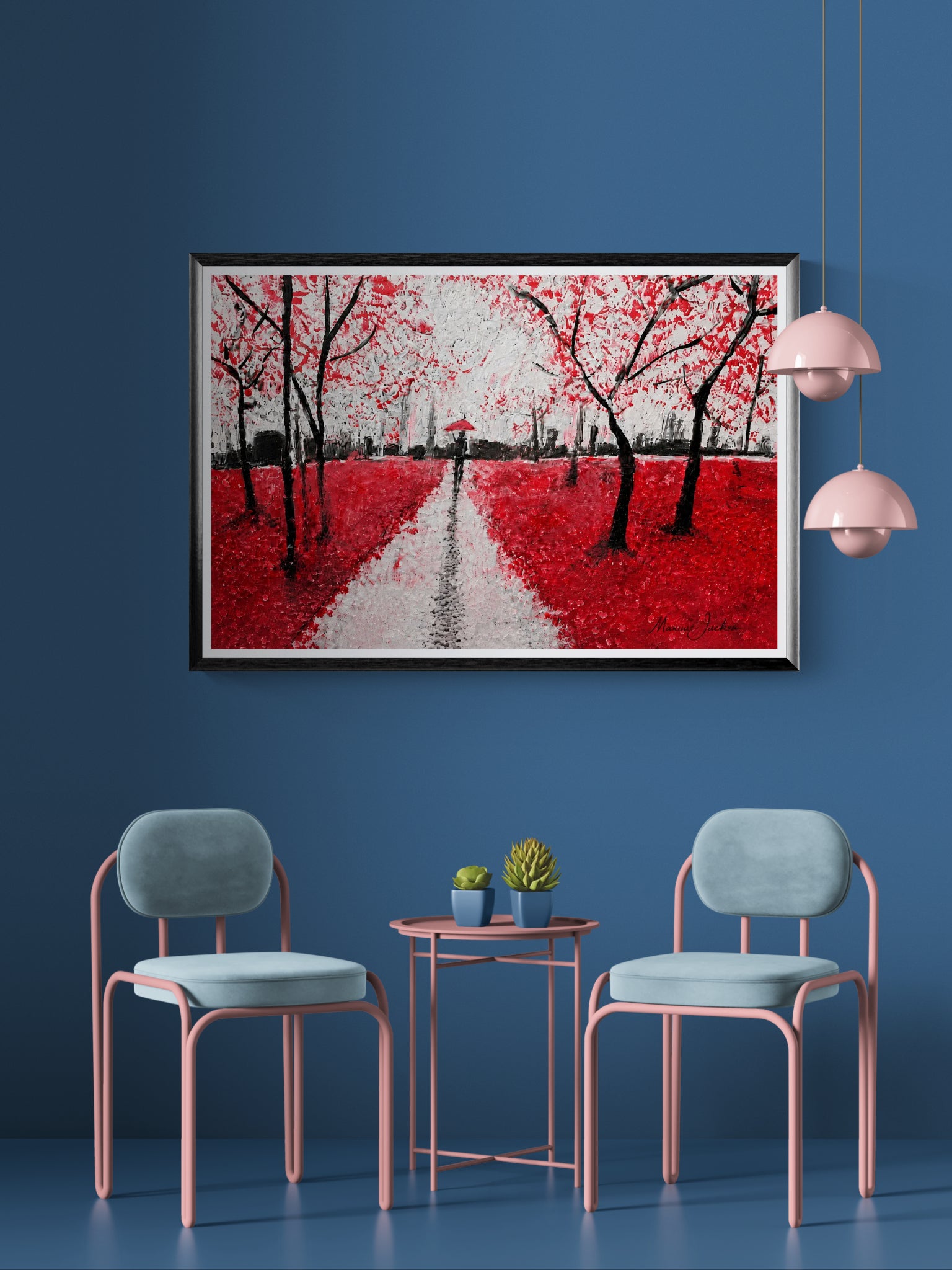 Burnt Forest – Red & Black Abstract Landscape Art - Contemporary Woodland Artwork by Maxine Jackson