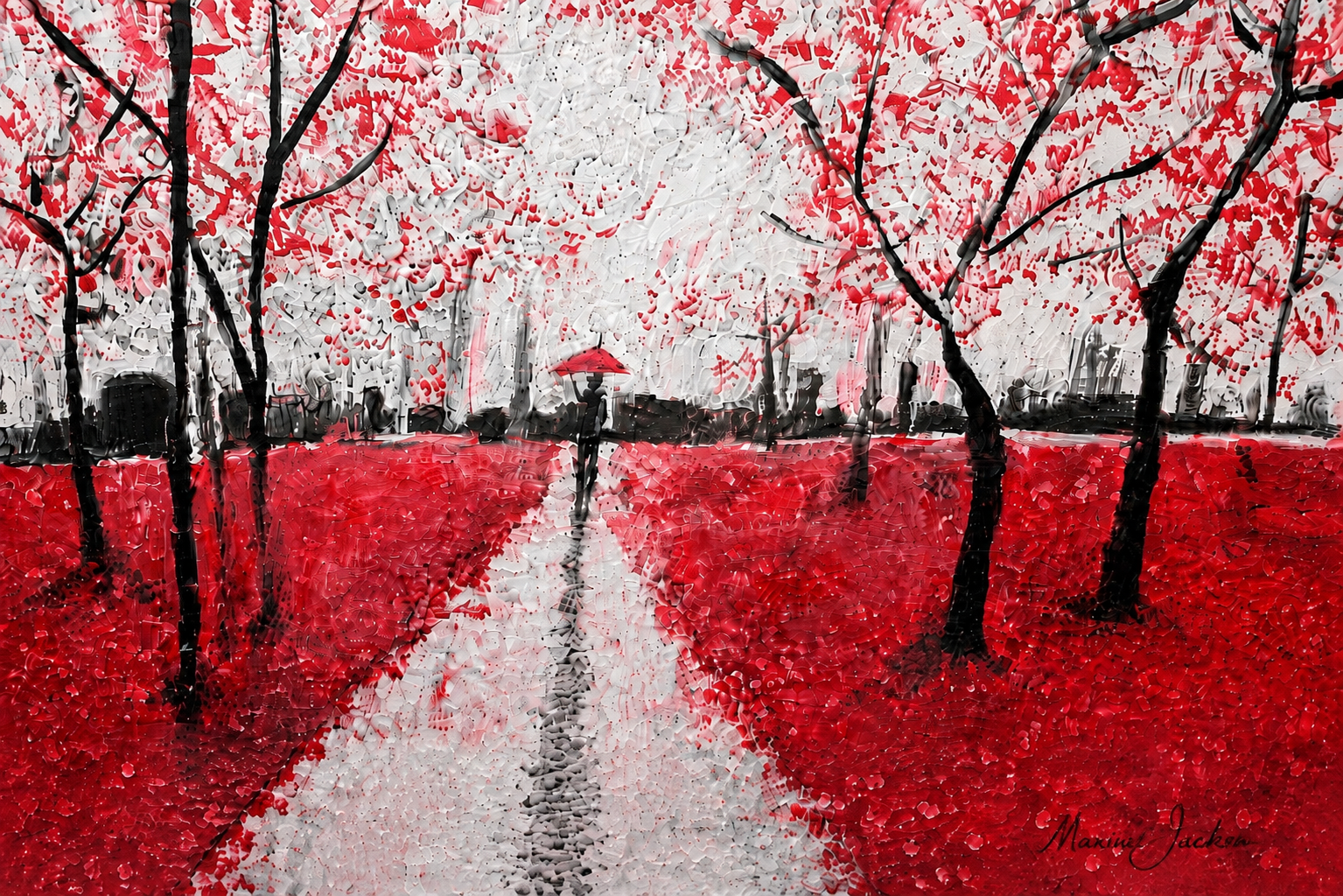 Burnt Forest – Red & Black Abstract Landscape Art - Contemporary Woodland Artwork by Maxine Jackson