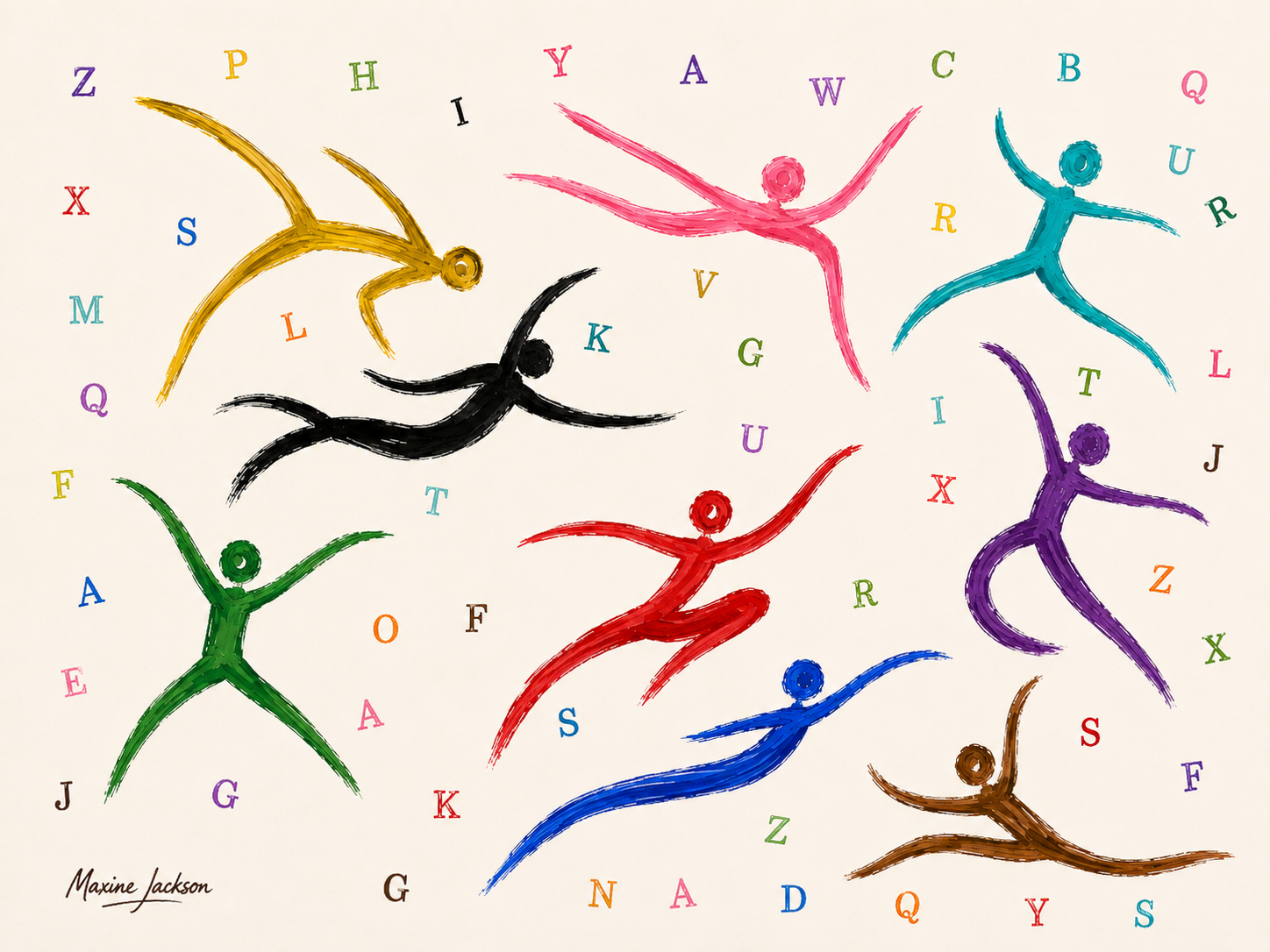 Alphabet in Motion – Colourful Abstract Figurative Art Print